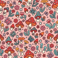 Seamless pattern with funny mushrooms, flowers, butterflies, stars. Cute cartoon characters. Kids happy plants with smiling faces. Floral nature design. Colorful print on pink background