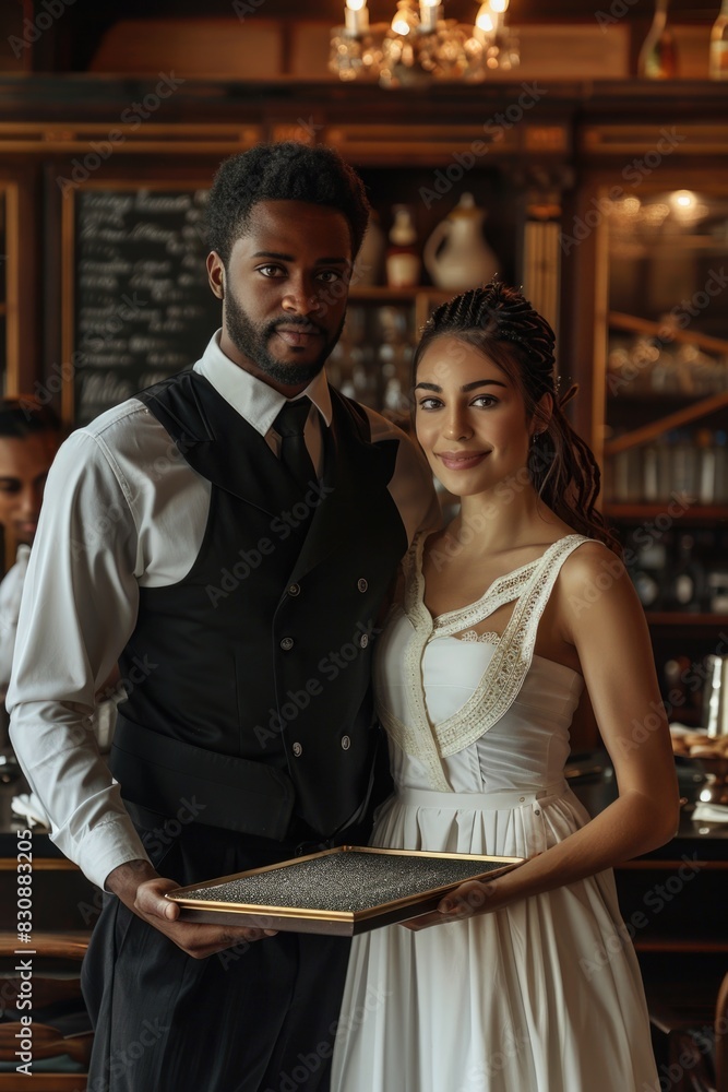 Poster a man and a woman standing next to each other. suitable for various concepts and themes