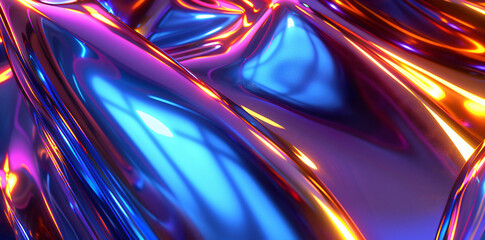 Abstract futuristic background with neon color, shiny metal shapes and glass texture.
