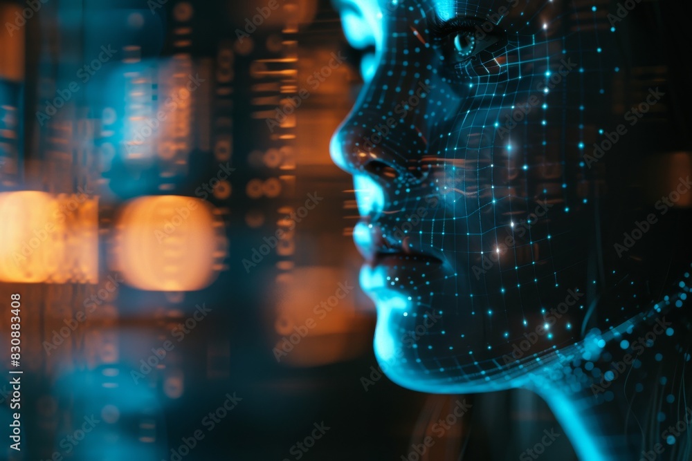 Poster conceptual image of a digital face overlaid with network and data visualizations