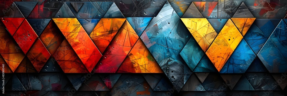Poster captivating geometric mosaic vibrant interlocking triangles creating a dazzling abstract composition