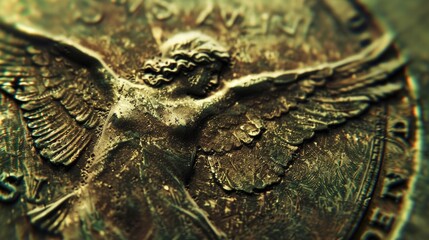 Close up of a coin with an angel design, perfect for financial or religious concepts