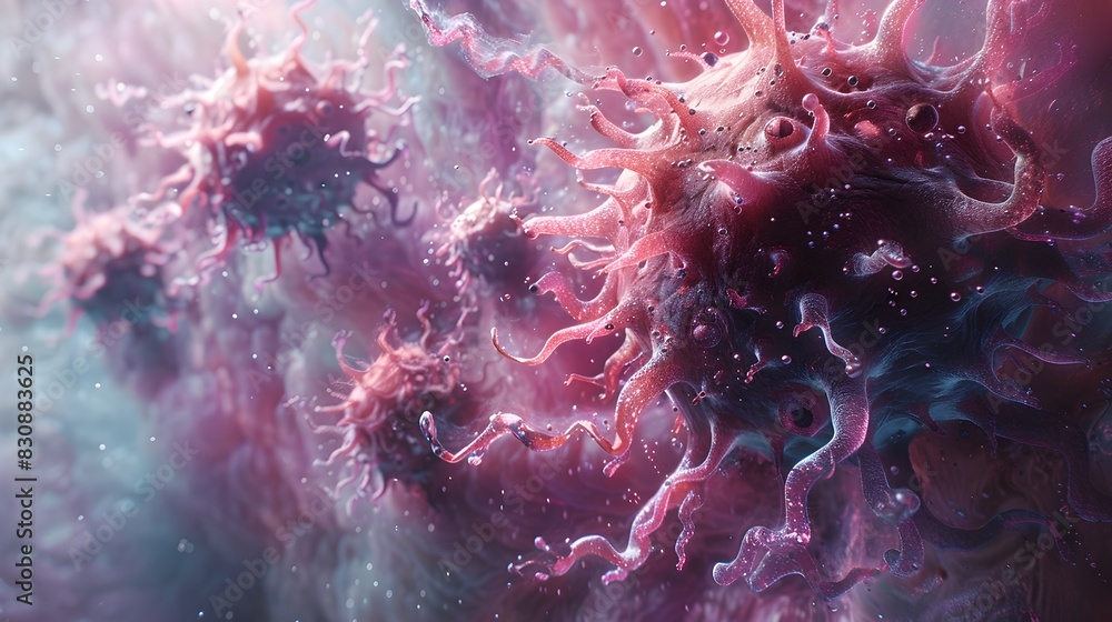 Poster captivating microscopic cellular formations converging in a hypnotic cosmic dance of light and color