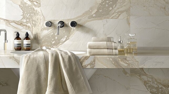 a modern bathroom, where three towels and an eyedropper are carefully arranged, adding a touch of elegance and functionality to the sleek interior design.