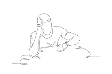 Frustrated man having trouble sleeping looking at his watch. Struggling to sleep concept one-line drawing