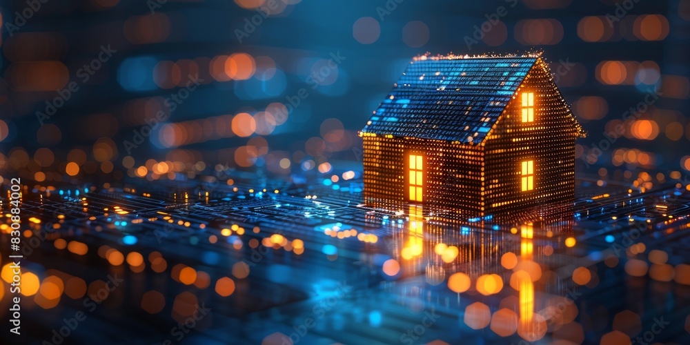 Aufkleber digital house model with illuminated windows on a circuit board, representing smart home technology 