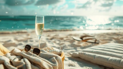 a glass of champagnein the beach