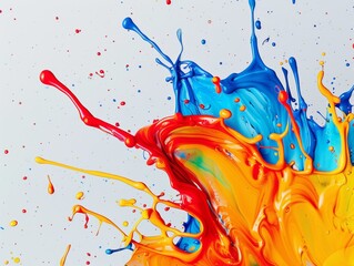 Vibrant splashes of blue, yellow, and red paint on white