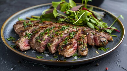  delicious beef steak served with herbs on a plate