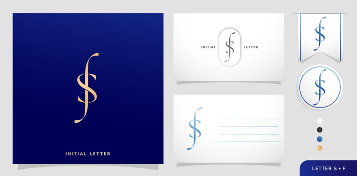 set of business cards with the letter SF or FS Luxury Initials Letter F and S Logos Designs in Blue Colors for branding ads campaign, letterpress, embroidery, covering invitation, envelope sign symbol