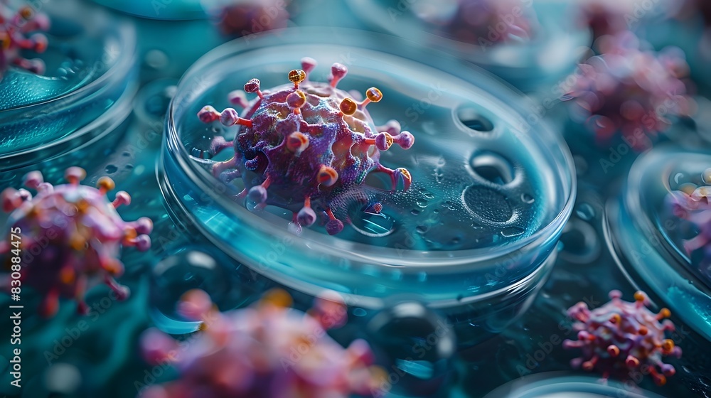 Poster close up view of microscopic viral structures in laboratory