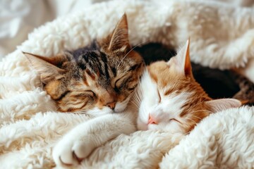 Fototapeta premium Two adorable cats cuddled together in a cozy blanket representing companionship and comfort
