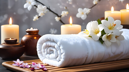 Spa background towel bathroom white luxury concept massage candle bath. Bathroom white wellness spa background towel relax aromatherapy flower accessory zen therapy aroma beauty, Generative AI