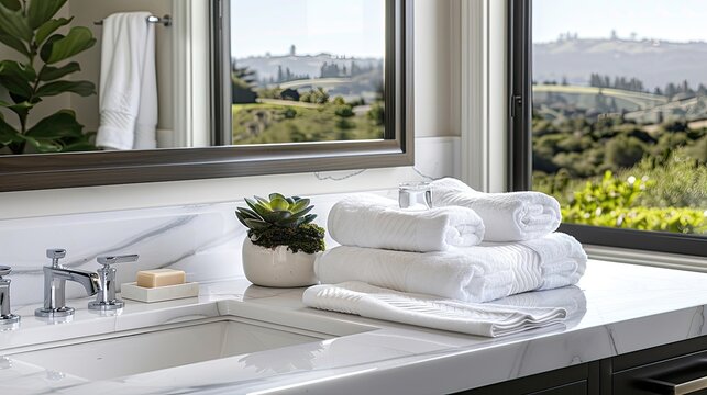 a modern bathroom, where three towels and an eyedropper are carefully arranged, adding a touch of elegance and functionality to the sleek interior design.