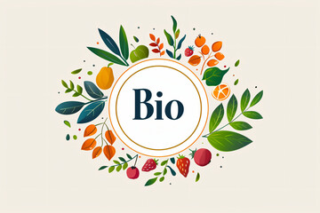 Elegant eco-friendly 'bio' logo surrounded by fresh fruits, berries, and green leaves on a neutral background for a natural look