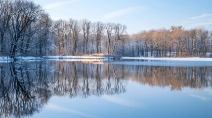 Obraz premium Trees are mirrored on the lake s surface during the end of winter