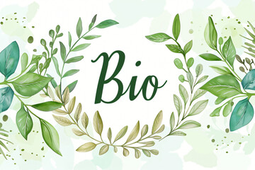 Elegant green bio logo surrounded by watercolor leaves and branches, ideal for eco-friendly and organic branding purposes
