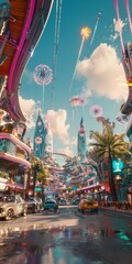 Fototapeta premium Cinematic shot of a futuristic city in the Caribbean, sunny day and fireworks, generated with AI