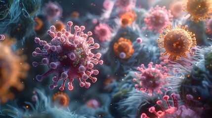 Obraz premium Colorful Microscopic View of COVID 19 Virus Cells Depicting the Global Pandemic and Healthcare Challenges