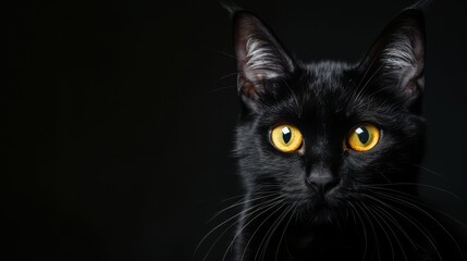 Obraz premium Close up of a black cat with yellow eyes and pink nose on a pitch black background, generated with AI