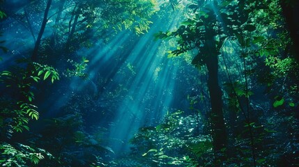 A forest with trees and sunlight shining through the leaves