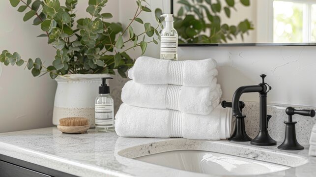 a modern bathroom, where three towels and an eyedropper are carefully arranged, adding a touch of elegance and functionality to the sleek interior design.