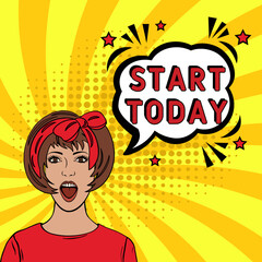 Start today Vector Design with Cartoon, Comic Speech Bubble in pop-art style. Start today pop art comic style. Can be used for business, marketing and advertising.