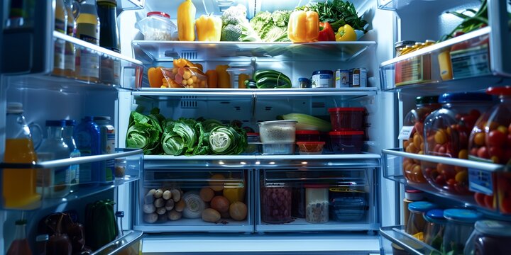 a refrigerator with a lot of food inside of it's doors open