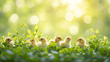 Yellow chickens in spring green leaves of plants in sunlight close-up