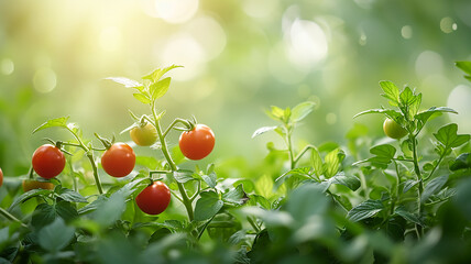 Red tomatoes on a summer day, green leaves of plants in sunlight close-up
