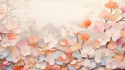Flower petals on the background of an autumn landscape, a postcard in watercolor style