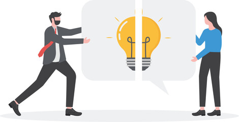 Fototapeta premium Illustrations of businessmen and women help each other solve the light bulb(idea) puzzle.