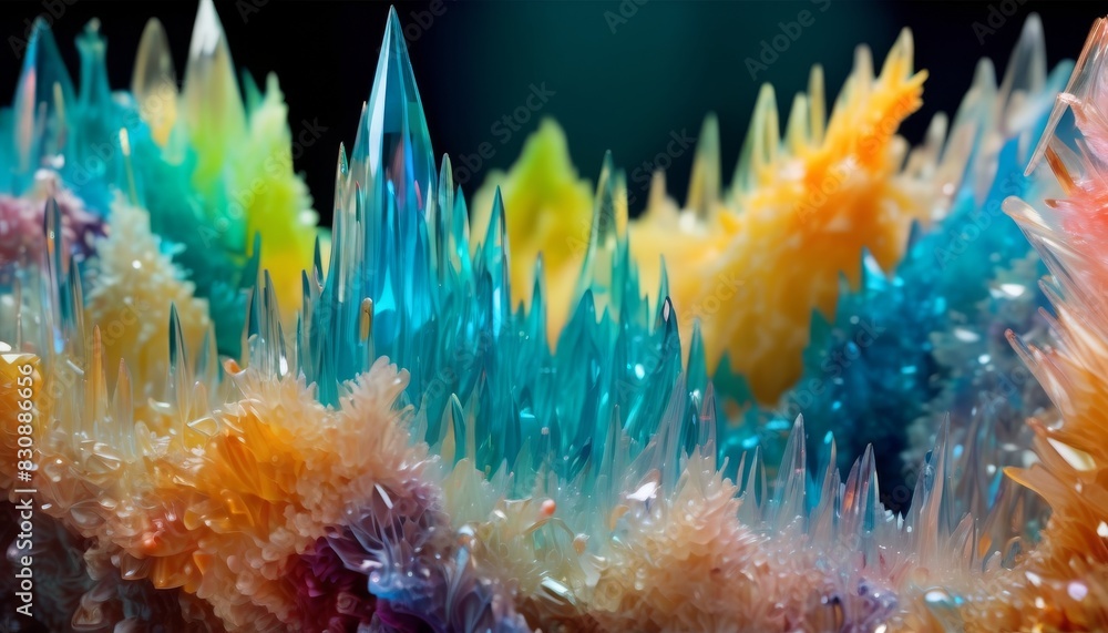 Poster Vibrant abstract image depicting a crystal-like landscape with sharp peaks in a variety of colors, evoking a sense of otherworldly terrain.. AI Generation