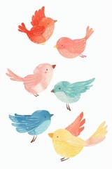 Five very cute kawaii colorful flying birds , white background, generated with AI