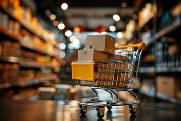 A paper box is in a shopping basket, with the background showing a warehouse
