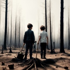 Two children stand solemnly in a burned forest, holding tools as they face the aftermath of a fire. The misty background adds to the somber and reflective mood. Ideal for themes of resilience and