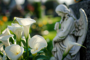 Angelic statue stands among blooming calla lilies, evoking peace and solace against the tranquil...