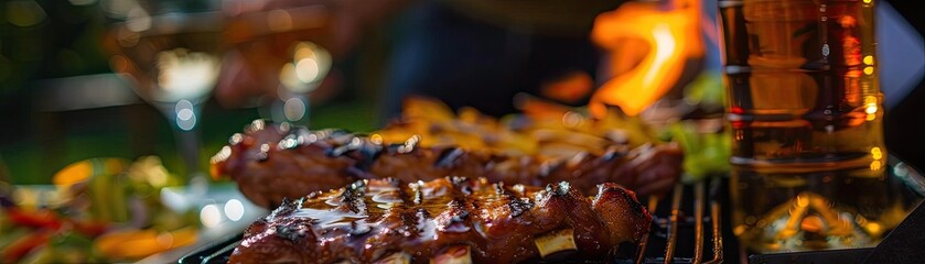 A close-up shot of delicious grilled ribs and vegetables on a barbecue grill with glasses of wine in the background, perfect for a summer feast.