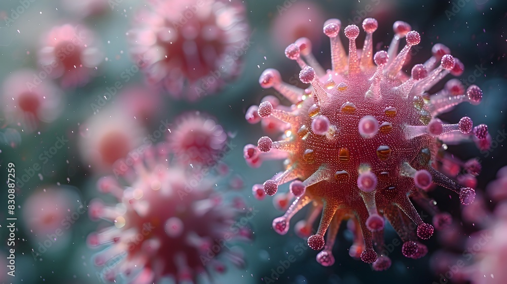 Poster detailed microscopic view of coronavirus structure highlighting global health concerns and scientifi