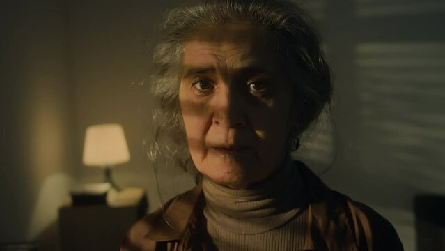 Closeup portrait of mourning senior Caucasian lady looking sad in dark room at dawn and turning to camera