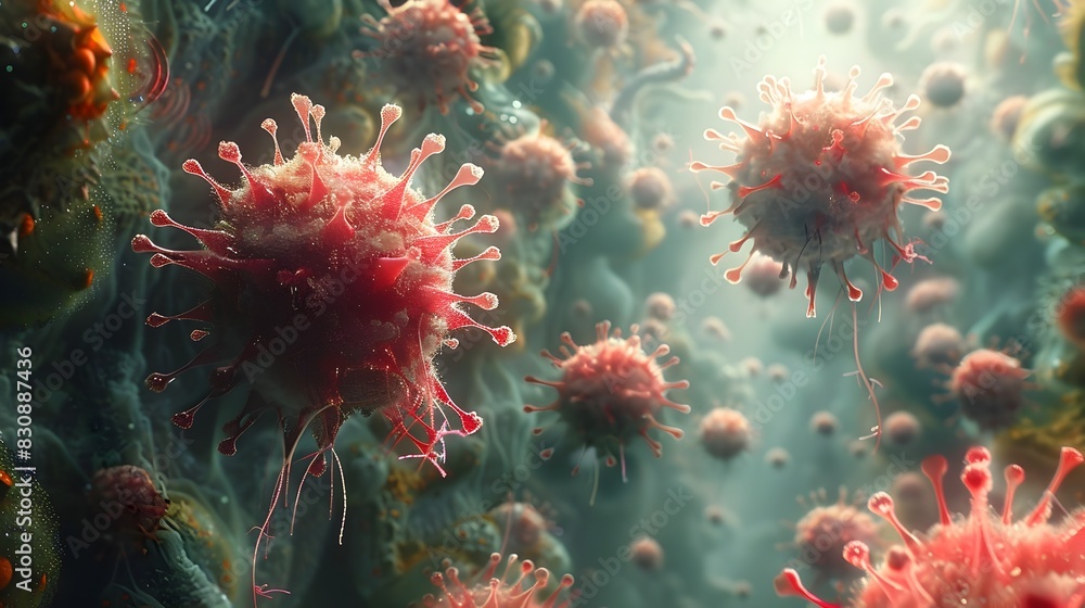 Poster detailed microscopic view of dangerous viral pathogens highlighting the complexity and potential thr