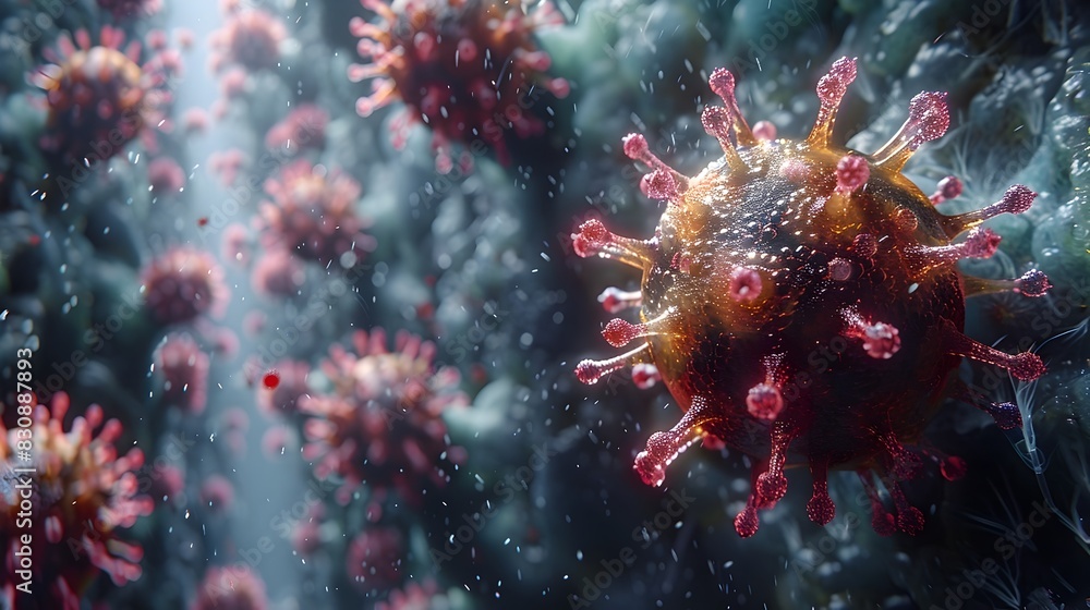 Poster detailed microscopic view of intricate viral particle structure symbolizing medical research and sci