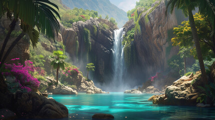 A dramatic waterfall plunging into a turquoise lagoon, framed by rugged cliffs and vibrant foliage.