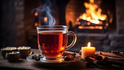 A clear, aromatic cup of hot tea against the backdrop of the fireplace's roaring flames. A warm and inviting home on a chilly, dark winter's evening