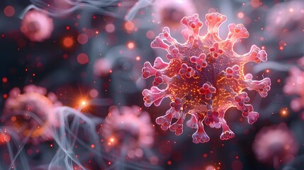 Obraz premium Detailed Microscopic View of Intricate Coronavirus Structure Revealing Its Complex Molecular Composition and Potential Pathogenic Mechanisms