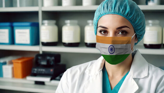 India doctor wearing medical mask. India flag print on woman doctor's mask smiling in confidence giving hope