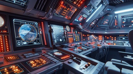 A futuristic space station with a large monitor displaying a planet