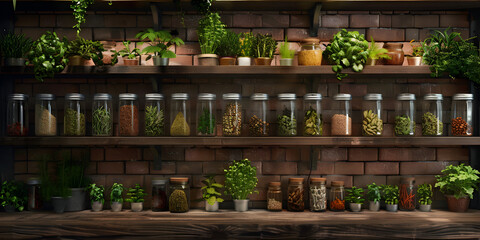 Photo of Chalkboard Paint Wall With Small Potted Herbs and Labels Pla Aesthetic Creative Wallpaper.
Modern alchemists kitchen with herbs hanging and potion bottlesd render.
