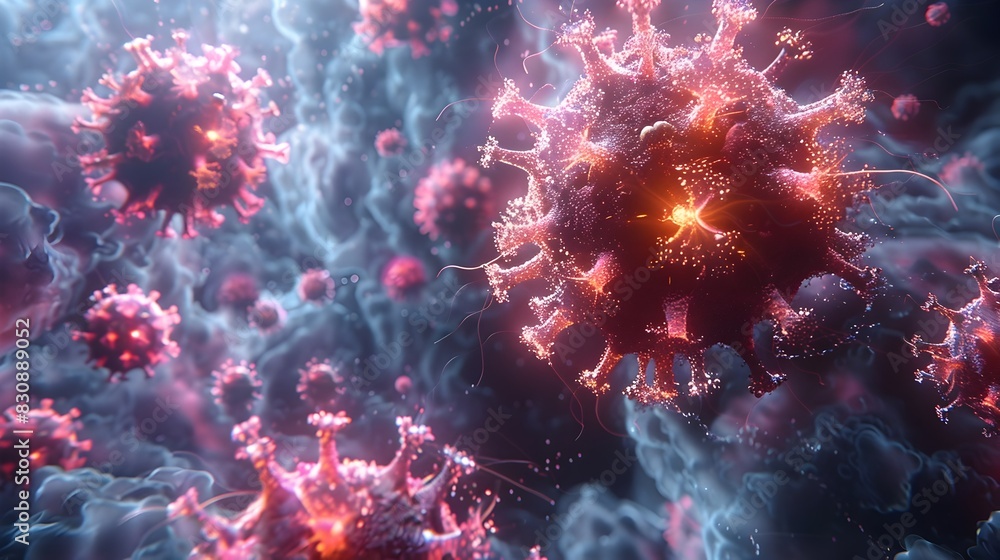 Poster dramatic microscopic view of threatening viral outbreak spreading rapidly across the globe