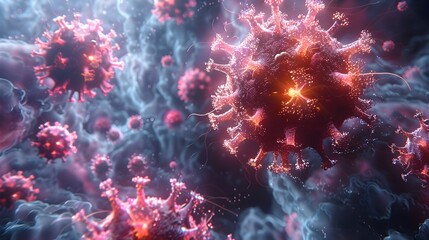 Fototapeta premium Dramatic Microscopic View of Threatening Viral Outbreak Spreading Rapidly Across the Globe